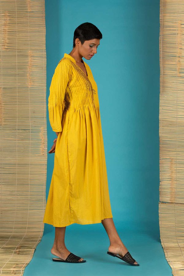 yellow pin tuck dress side right